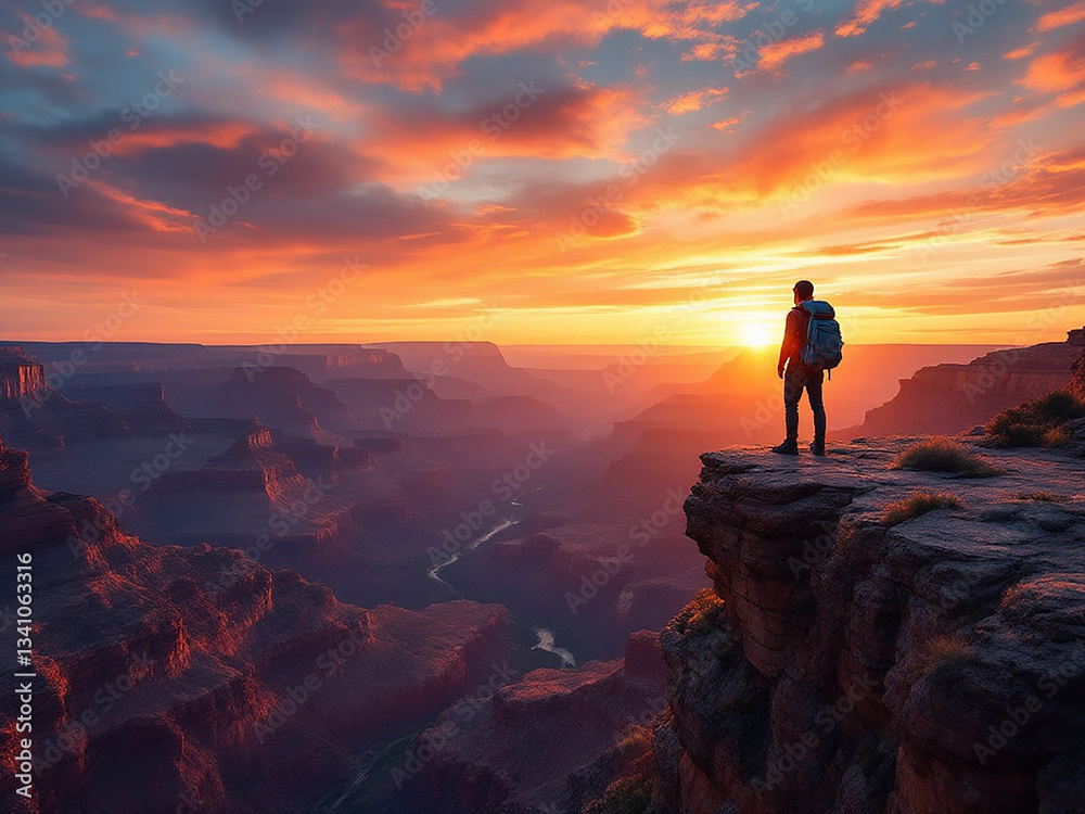 A backpacker standing on a cliff edge overlooking a vast canyon with a colorful sunset sky, in a dramatic, adventurous style A backpacker standing on a cliff edge overlooking a vast canyon with a colorful sunset sky, in a dramatic, adventurous style