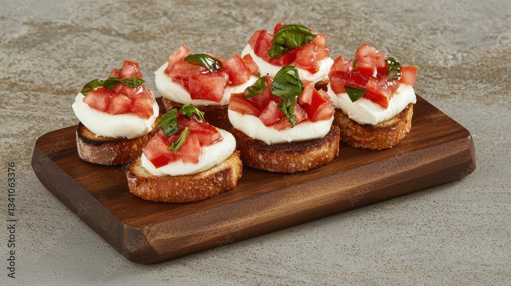 Delicious Bruschetta with Fresh Tomato and Basil on Wooden Board Delicious Bruschetta with Fresh Tomato and Basil on Wooden Board