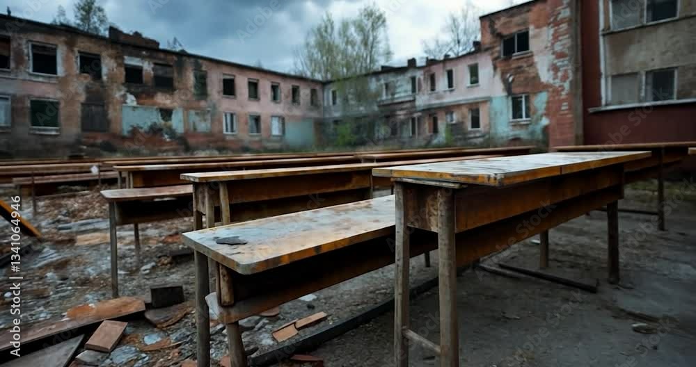Abandoned schoolroom with rows of decaying wooden desks against a backdrop of a dilapidated building under a cloudy sky. Debris litters the foreground Abandoned schoolroom with rows of decaying wooden desks against a backdrop of a dilapidated building under a cloudy sky. Debris litters the foreground