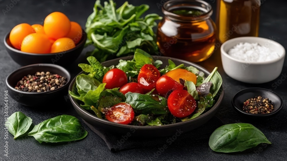 An enticing array of cherry tomatoes, greens, and vibrant spices on a plate, representing a celebration of flavors and the concept of wholesome, fresh eating. An enticing array of cherry tomatoes, greens, and vibrant spices on a plate, representing a celebration of flavors and the concept of wholesome, fresh eating.