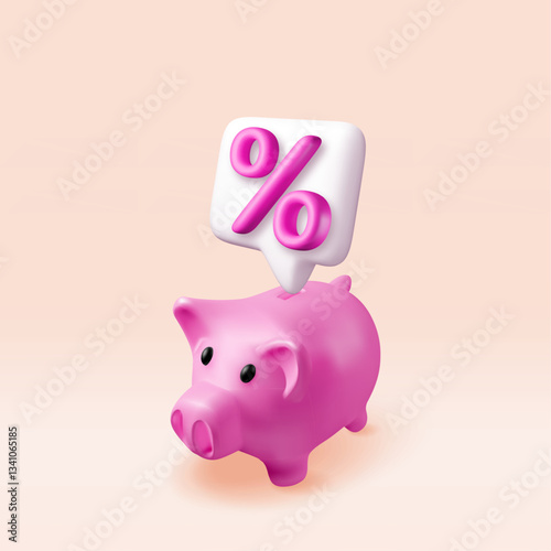 3D piggy bank and percent sign isolated. Render plastic piggy bank for money. Moneybox in form of pig. Concept of cash money, business deposit investment, financial savings. Vector illustration