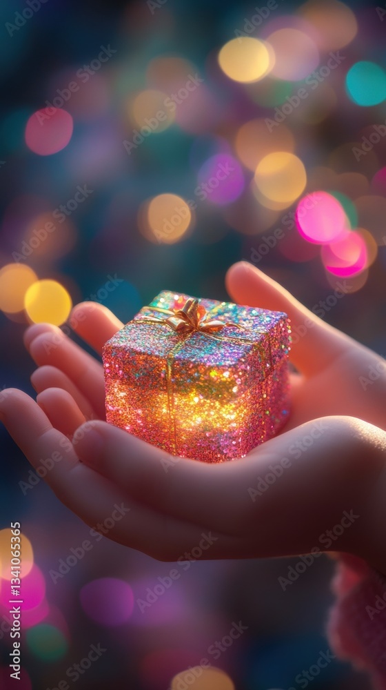 Child's Hands Holding a Small Gift Box with a Dreamy Bokeh Background