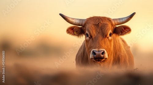 A golden cow gazes softy against a warm orange horizon, evoking feelings of calmness and connection with nature in a beautifully serene environment. photo