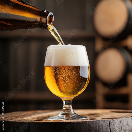 Wallpaper Mural Craft Beer trend. Pouring beer into a glass with bubbles and froth, set against a rustic background. Torontodigital.ca