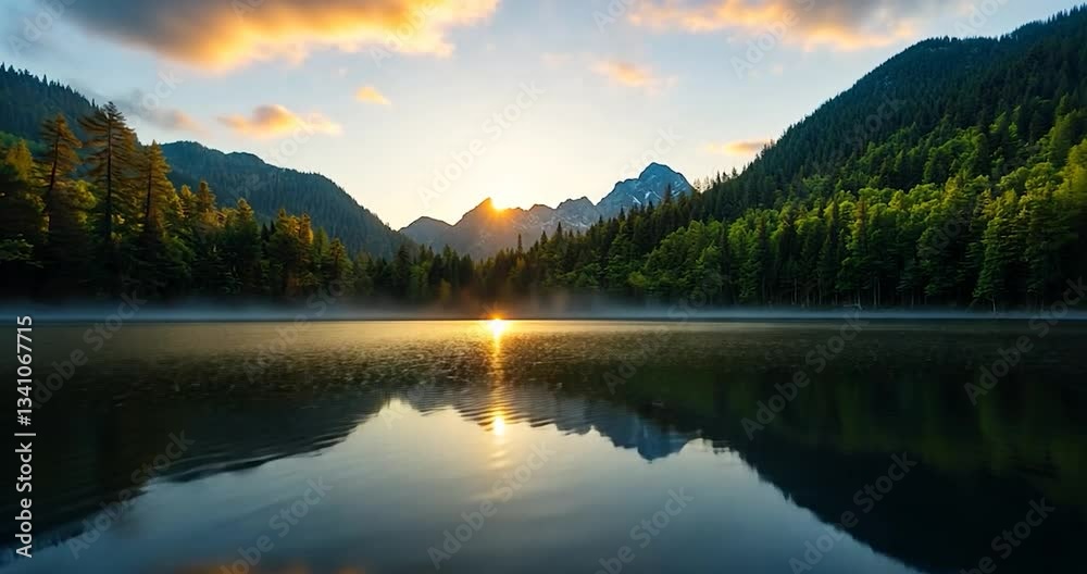 Serene waterscape featuring a reflective lake with golden sun setting amidst mountains and green forests creating a tranquil atmosphere