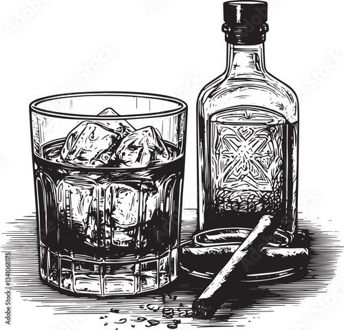 Whisky glass bottle and cigar vector illustration