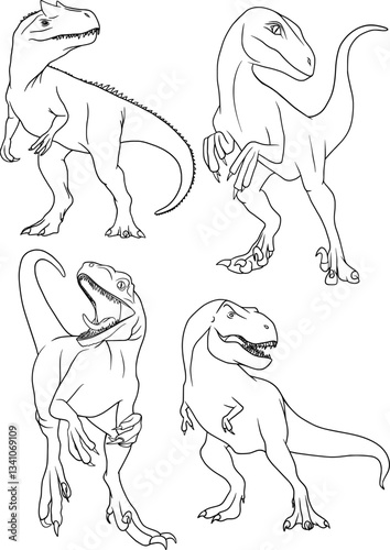 predator dinosaur set of vector outline illustration, coloring book