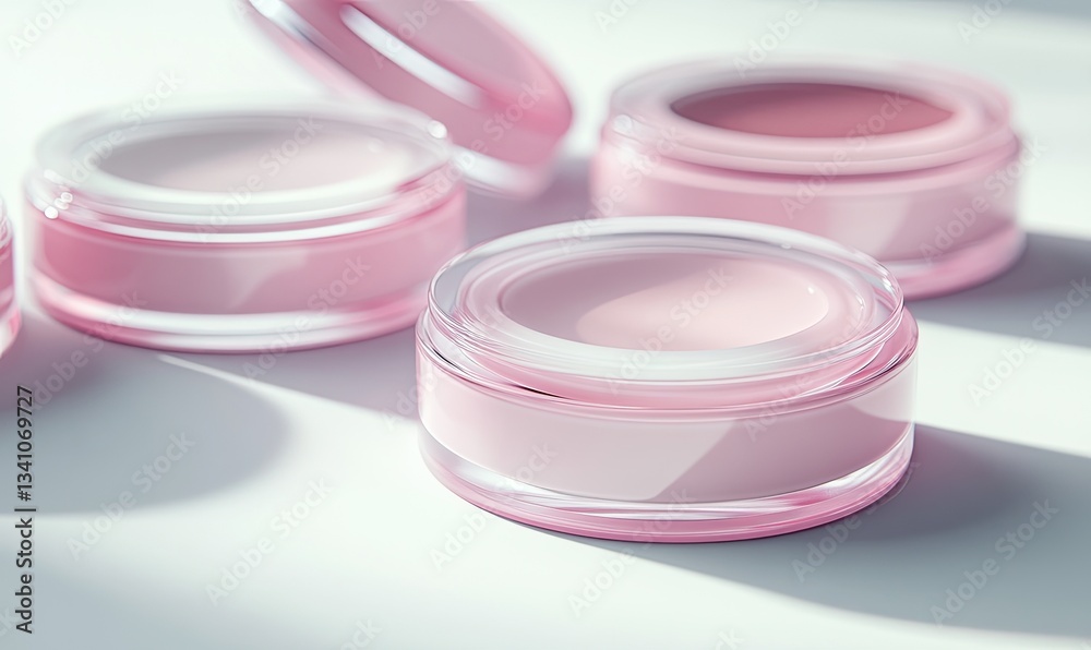 Close-up of several pink cosmetic containers, likely creams or lotions, on a white surface. Soft, diffused light highlights the product Close-up of several pink cosmetic containers, likely creams or lotions, on a white surface. Soft, diffused light highlights the product