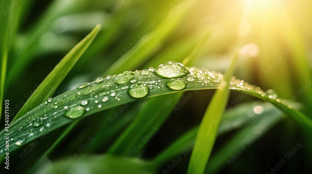 An artistic close-up shot of a green leaf adorned with glistening water droplets, symbolizing rejuvenation, vitality, and the beauty of nature in its most refined form.