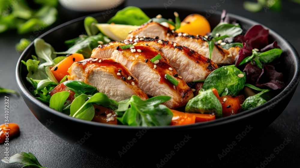 This vivid salad with grilled chicken and a mix of colorful vegetables captures the essence of fresh, healthy eating, inviting a sense of nourishment and satisfaction. This vivid salad with grilled chicken and a mix of colorful vegetables captures the essence of fresh, healthy eating, inviting a sense of nourishment and satisfaction.