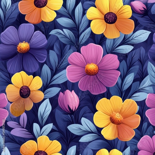 Floral Seamless Pattern with Vibrant Flowers and Green Leaves in Whimsical Style