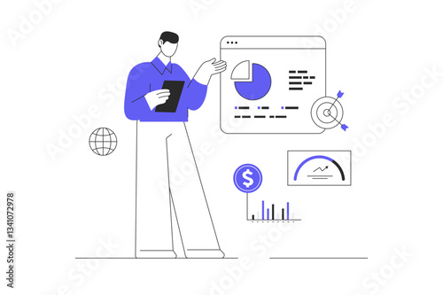 Sales performance concept. Man analyzing growth charts and graphs. Increase sales and skills. Finance report. Flat Cartoon Vector Illustration, icon. Stylish abstract design for website