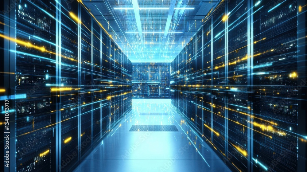 Futuristic digital server room with bright illumination and various technology concepts Representing innovation computing power data processing and storage in a modern advanced digital environment Futuristic digital server room with bright illumination and various technology concepts Representing innovation computing power data processing and storage in a modern advanced digital environment