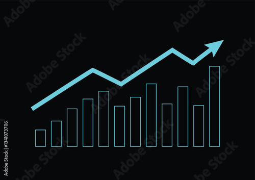 Stock and investment concept. A bar graph with an upper arrow on a dark background. Bullish market, profit of wealth, high risk high return, business growth up.