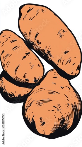 Stylized sweet potatoes with bold outlines in black, expressive and artistic High quality illustration