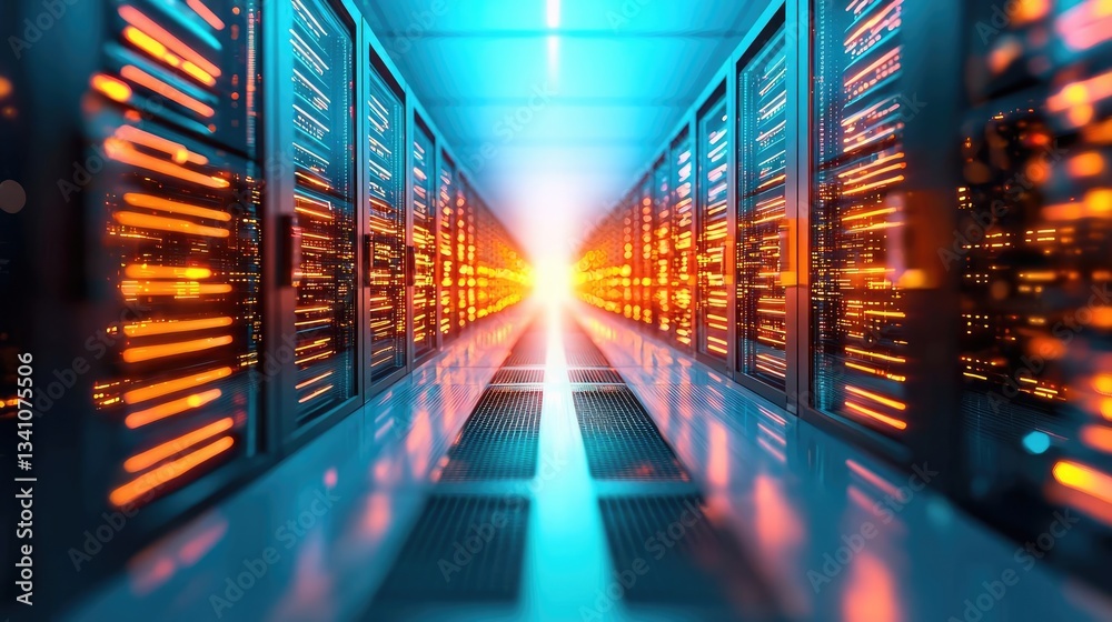 Obraz premium Cybersecurity data protection in database computing concept. Futuristic data center with glowing servers and vibrant lights.