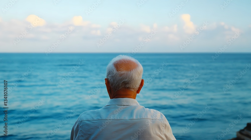 Fototapeta premium Elderly Man Gazing at Calm Ocean Waves from Rocky Shoreline