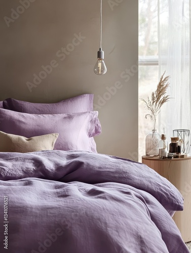 Bedroom interior showing an elegant purple bedding arrangement