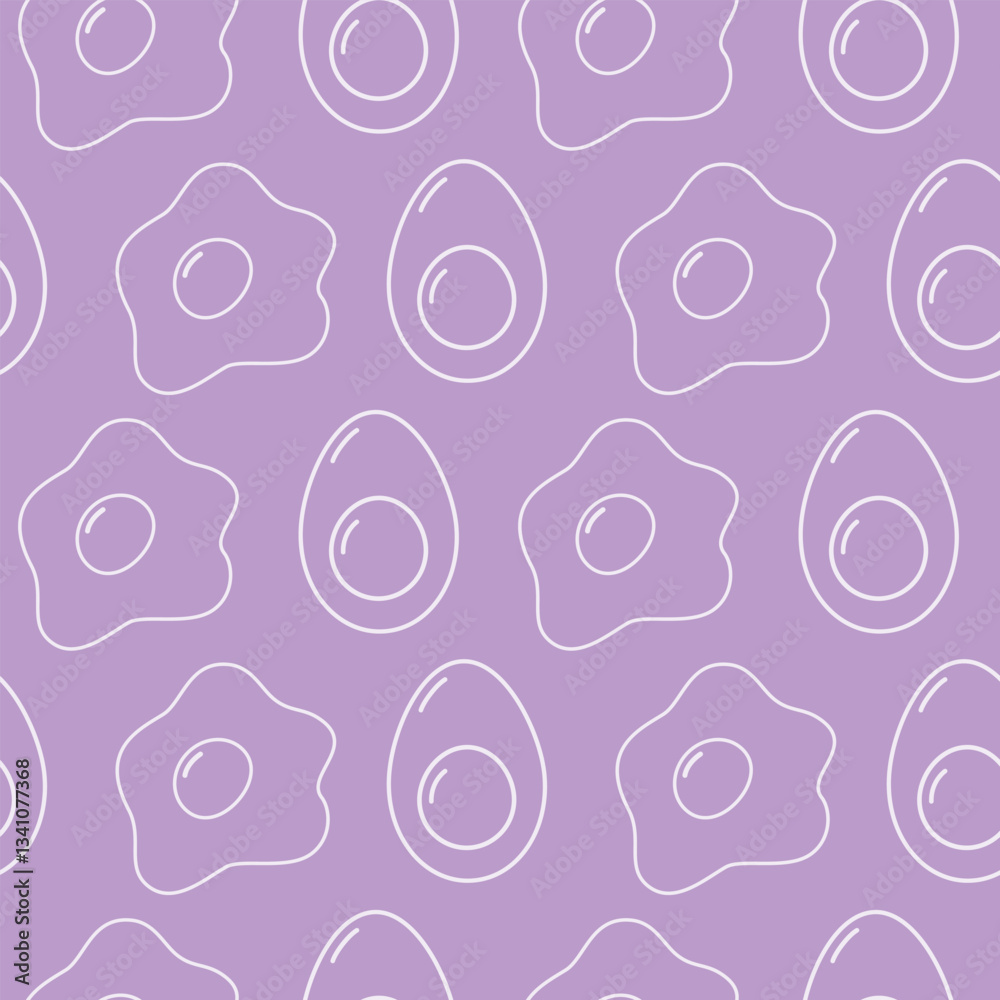 Outline Hard Boiled and Fried eggs with yolk Seamless pattern White on lilac background Egg Day fond