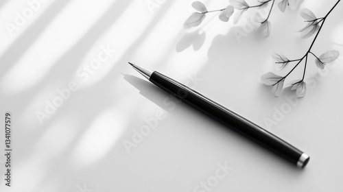 Sleek Black Pen on Minimalist Workspace with Delicate Leaves and Shadows