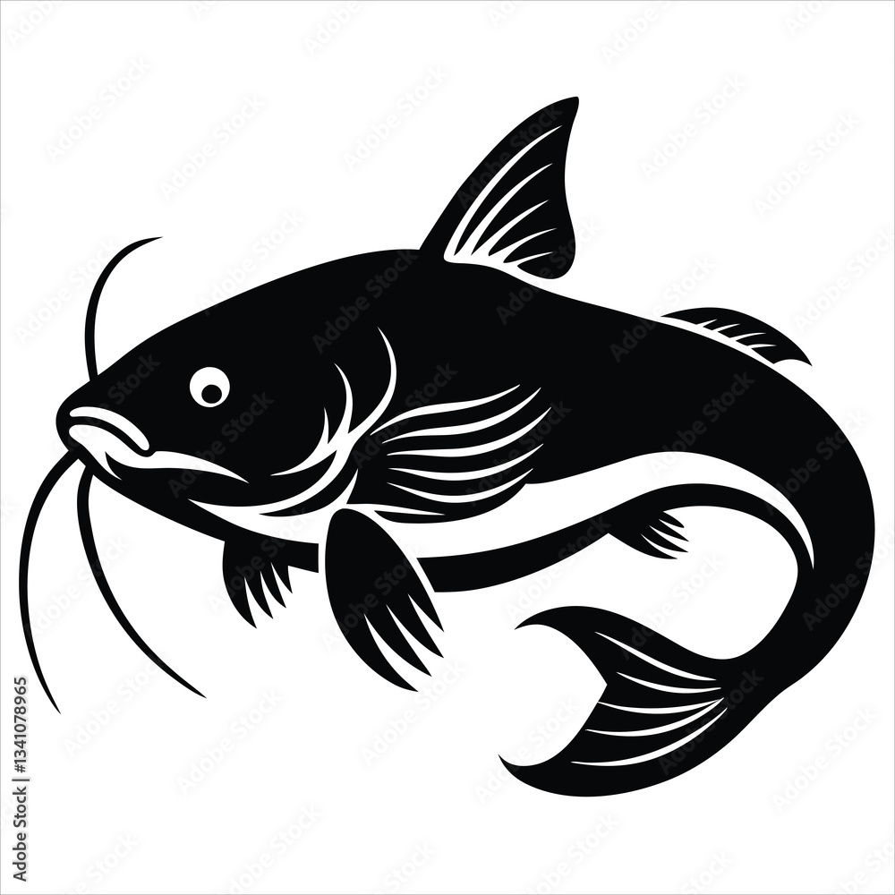 A stylized black fish is depicted mid-jump above stylized water wave Fish silhouette vector art icon isolated on white, vector illustration A stylized black fish is depicted mid-jump above stylized water wave Fish silhouette vector art icon isolated on white, vector illustration