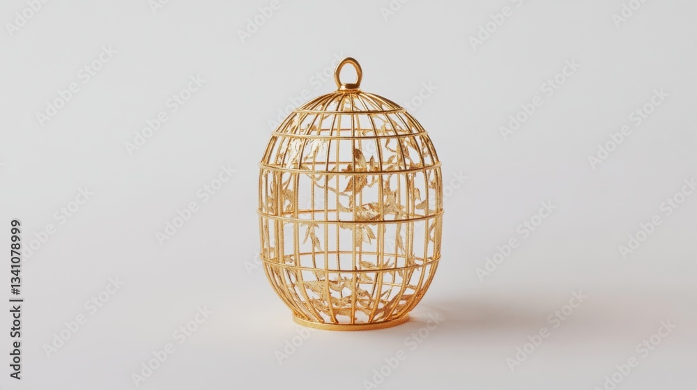 Obraz premium A floating golden cage on a pure white background, shining with soft golden hues