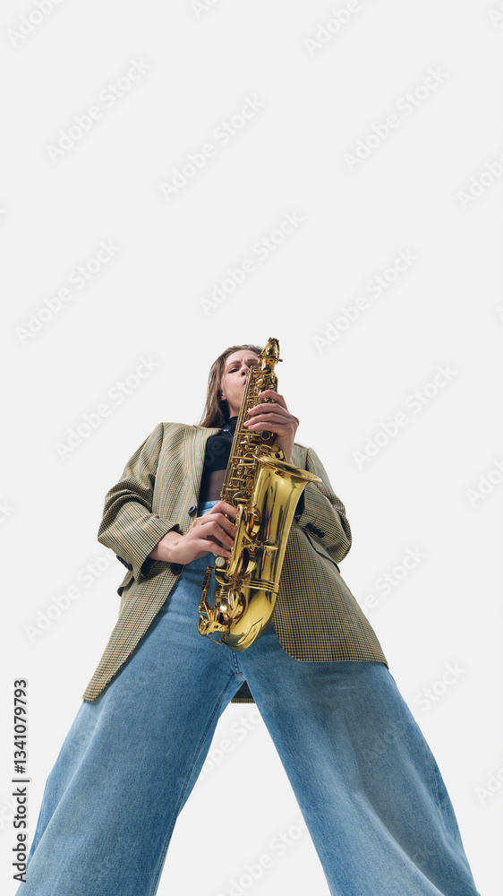 Naklejka premium Low-angle image of passionate woman, saxophonist in vintage blazer confidently playing saxophone, making powerful solo performance. Concept of music, creativity, concert, festival, art, expression