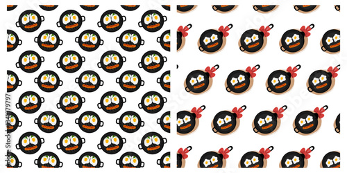 Grill pan Cast iron skillet Fried eggs Ketchup strip on sausage like smiling face Seamless Patterns