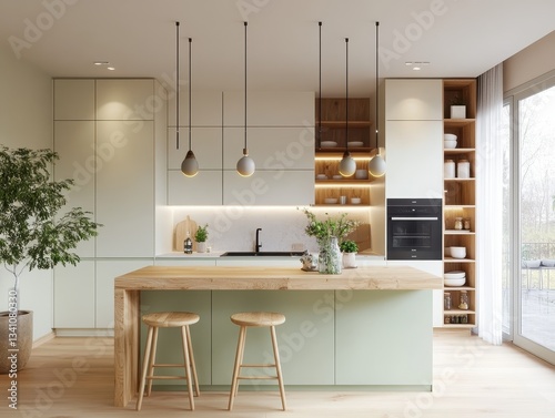 Modern kitchen features a clean bright design and stylish lighting