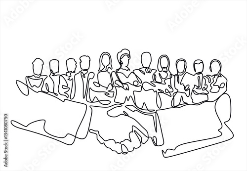Continuous one line drawing of young office workers, business teamwork concept, single line art.	