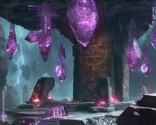 Forgotten Alien Temple with Floating Amethyst Crystals Glowing Purple Engravings and a Mysterious Energy Core