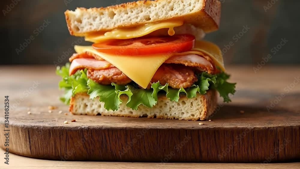 Sándwich de pan artesanal con queso derretido, tocino y tomate