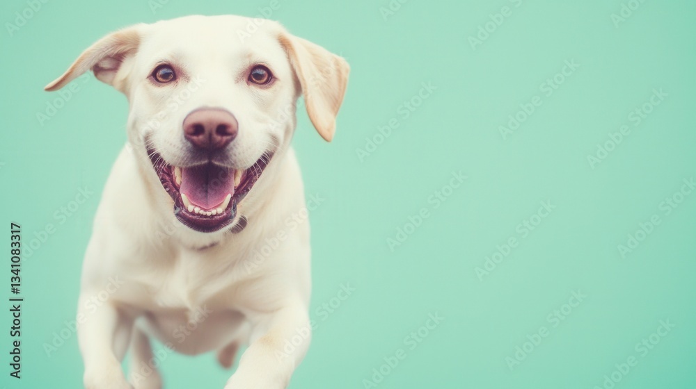 Happy Labrador Retriever Running Joyfully Against a Mint Background