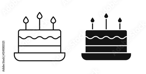 Cake birthday icons in flat solid and thin line style