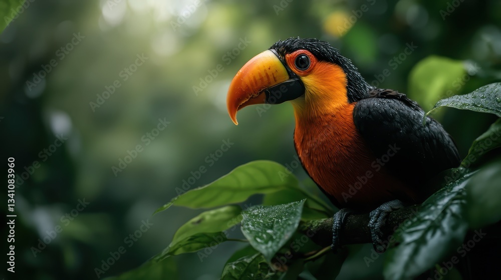 Obraz premium A stunning image of a toucan perched on a branch surrounded by green leaves, with droplets of water enhancing its vivid colors, embodying freshness and tropical rainforests.