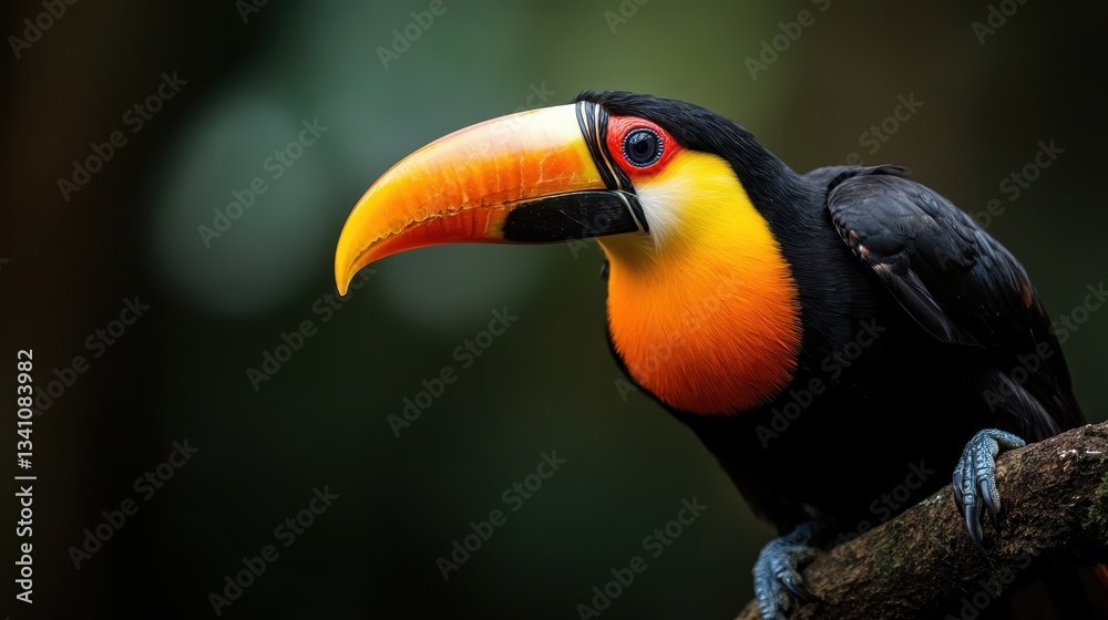 Obraz premium A captivating close-up of a toucan revealing its remarkable features, highlighting the intricate details of its bright beak and striking plumage in a blurred exotic backdrop.