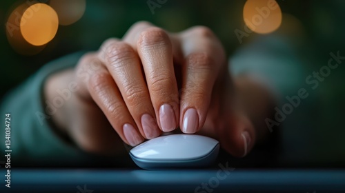 Wallpaper Mural A close-up shot of a woman's hand with beautiful nails gently resting on a sleek mouse, symbolizing technology and focus, capturing the essence of modern workspace aesthetics. Torontodigital.ca