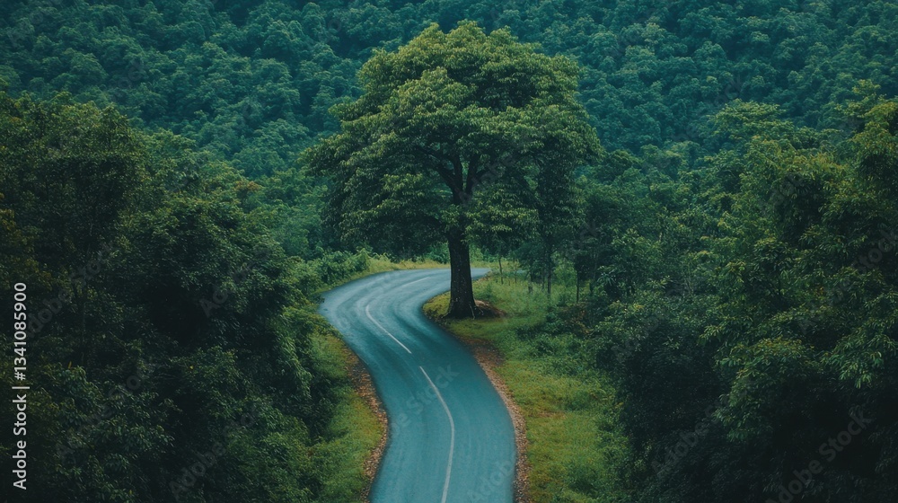 Fototapeta premium A narrow road winding through a dense forest with a majestic tree in the center