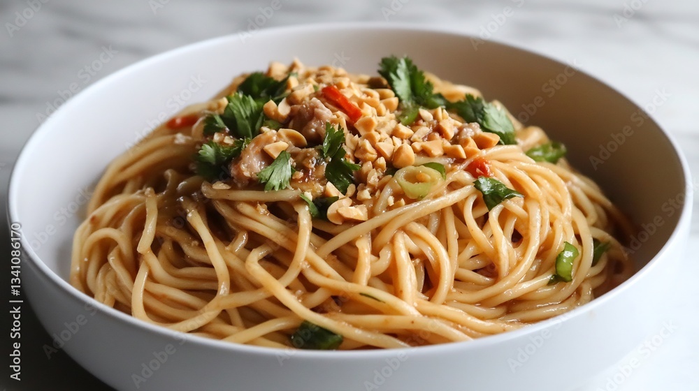 Chinese dan dan noodles tossed a spicy Sichuan sauce topped with minced pork and crushed peanuts Chinese dan dan noodles tossed a spicy Sichuan sauce topped with minced pork and crushed peanuts