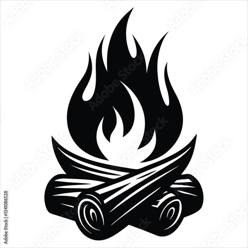 Black flame icon on a white background Wooden Camp Fire, Bonfire, Campfire icon isolated on white background