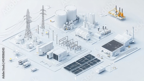 Futuristic cityscape showcasing a modern energy infrastructure with a diverse range of power methods including solar panels wind turbines and traditional power plants