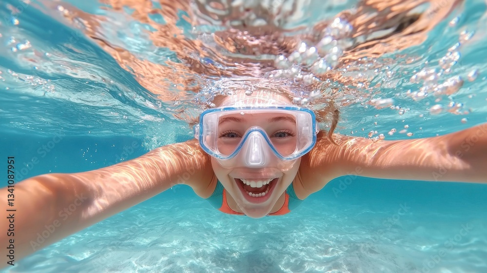 Naklejka premium Exhilarating Underwater Adventure Exploring the Vibrant Marine World through the of a Snorkeler s Mask