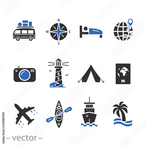 holiday tour icons, travel icon set, global, vacation tourist, flat vector illustration