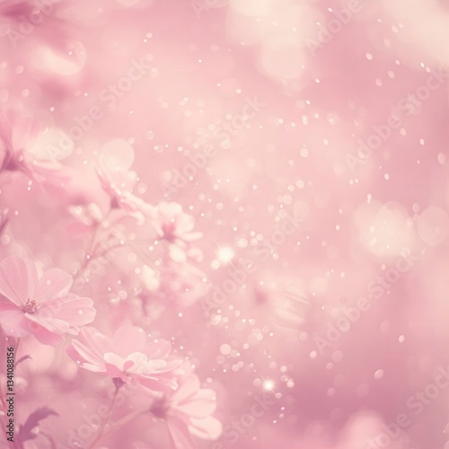 An ethereal garden with soft pink flowers and glowing lights, creating a dreamlike and romantic scene.

