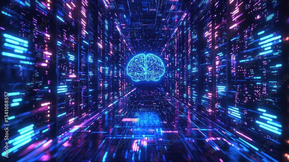 Obraz premium Artificial intelligence data circuit in cyberspace computing concept. An abstract representation of a digital brain in vibrant colors.