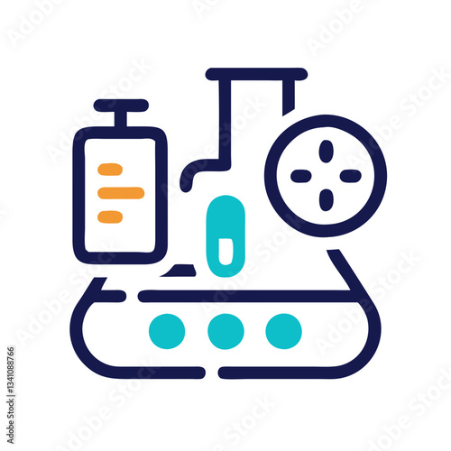 Laboratory flask with syringe and test tube, colorful science equipment illustration