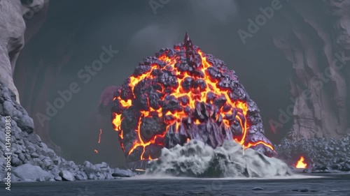 Lava Beast Awakens: 3D Animated Molten Rock Creature Emerging from a Volcano