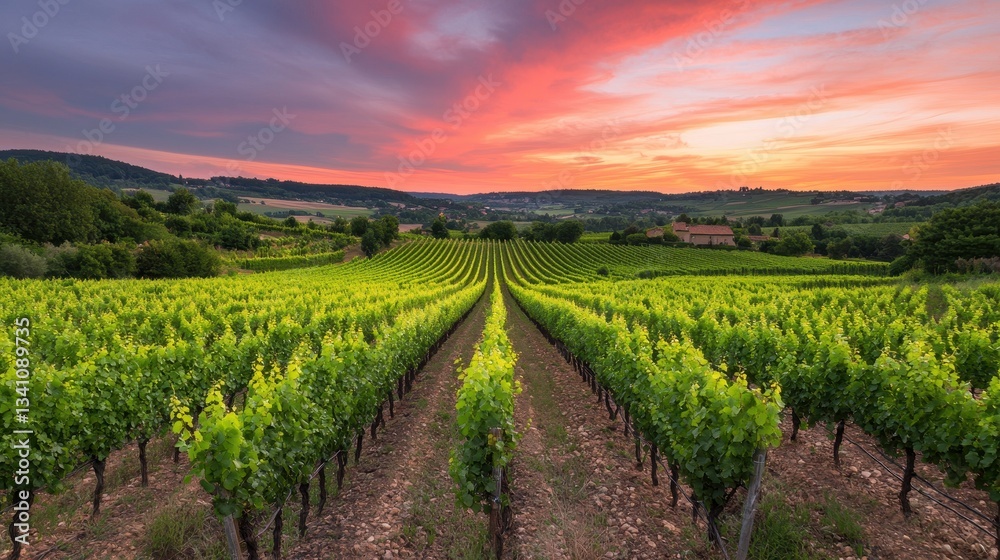 Scenic Vineyard Landscape at Sunset with Colorful Sky Scenic Vineyard Landscape at Sunset with Colorful Sky