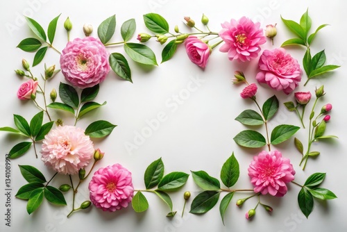 Delicate pink blossoms and lush greenery form a pretty floral border, perfect for spring designs.