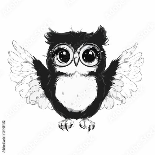 Funny Black Owl with Round Glasses on a White Background